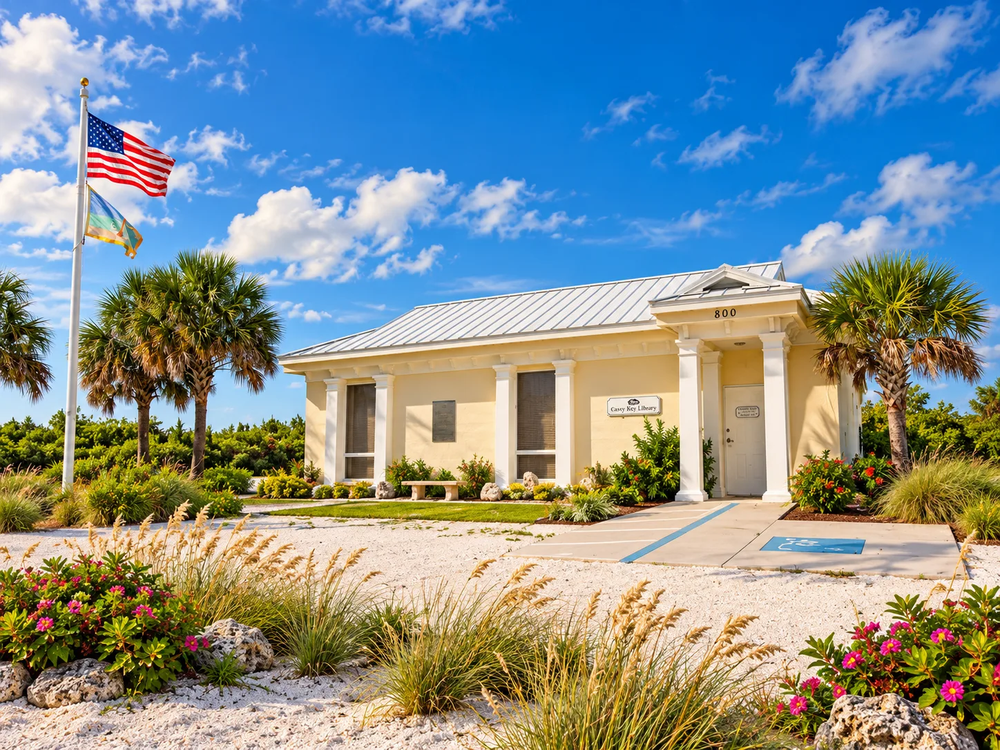 The Casey Key Library building on Casey Key, with palm trees and coastal landscaping
