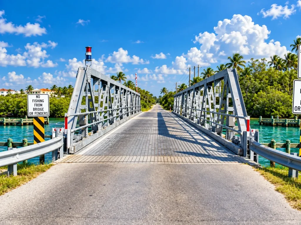 The historic Blackburn Point Swing Bridge, a one-lane steel truss bridge over the turquoise Intracoastal Waterway to Casey Key, under a bright blue sky