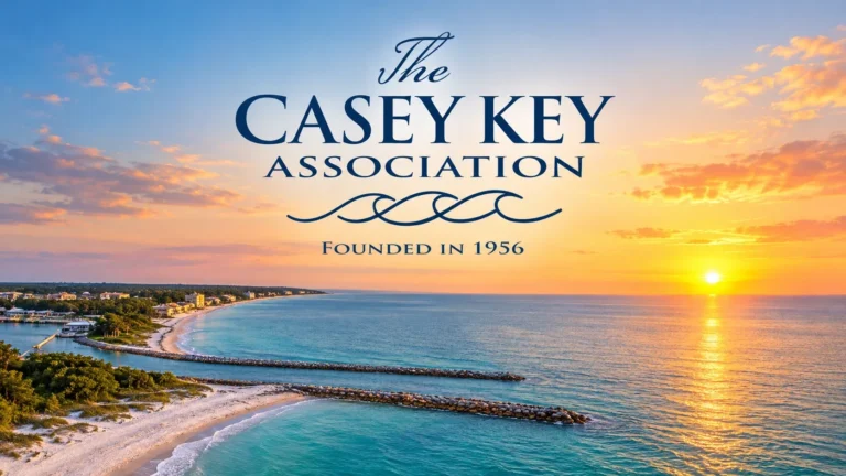 The Casey Key Association logo, Founded in 1956, over a Gulf of Mexico sunset and Casey Key beach